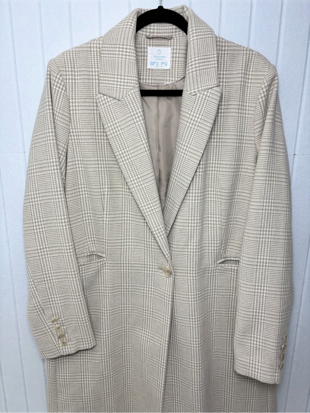 Primark Cream Plaid Long Blazer Jacket Size 12 - Picture 5 of 13
